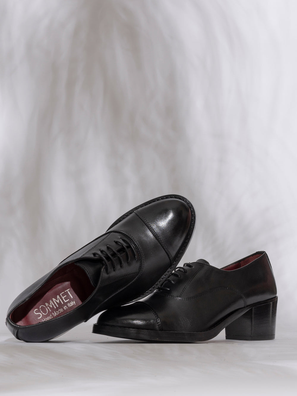 Black leather oxford cap toe mid heel — SOMMET handmade in Italy