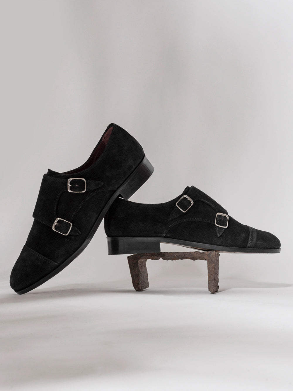 Black suede double monk strap — silver buckles — SOMMET handmade in Italy