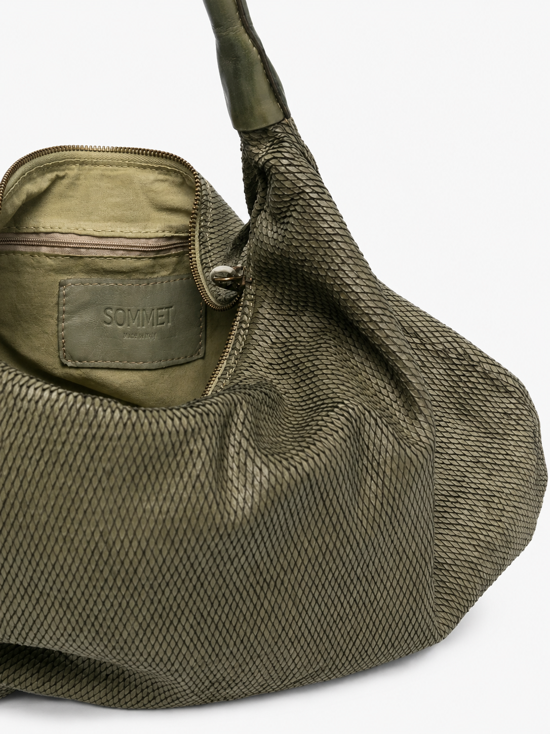 SOMMET NOMA Petalino hobo shoulder bag in olive vegetable-tanned leather, laser petal texture, handmade in Italy