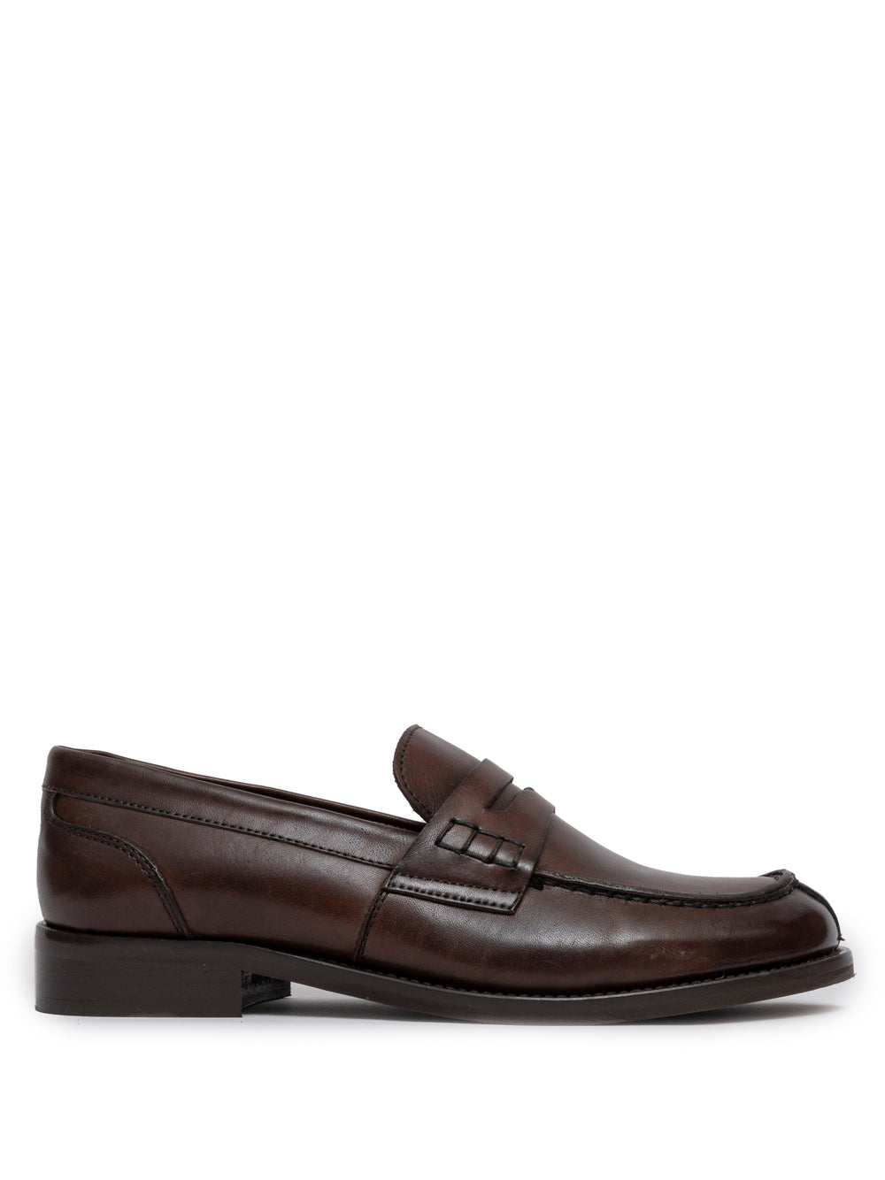 SOMMET penny loafer in Old Brown leather with flexible sole and low heel. Handmade in Italy with vegetable tanning. Classic, timeless style built to last.