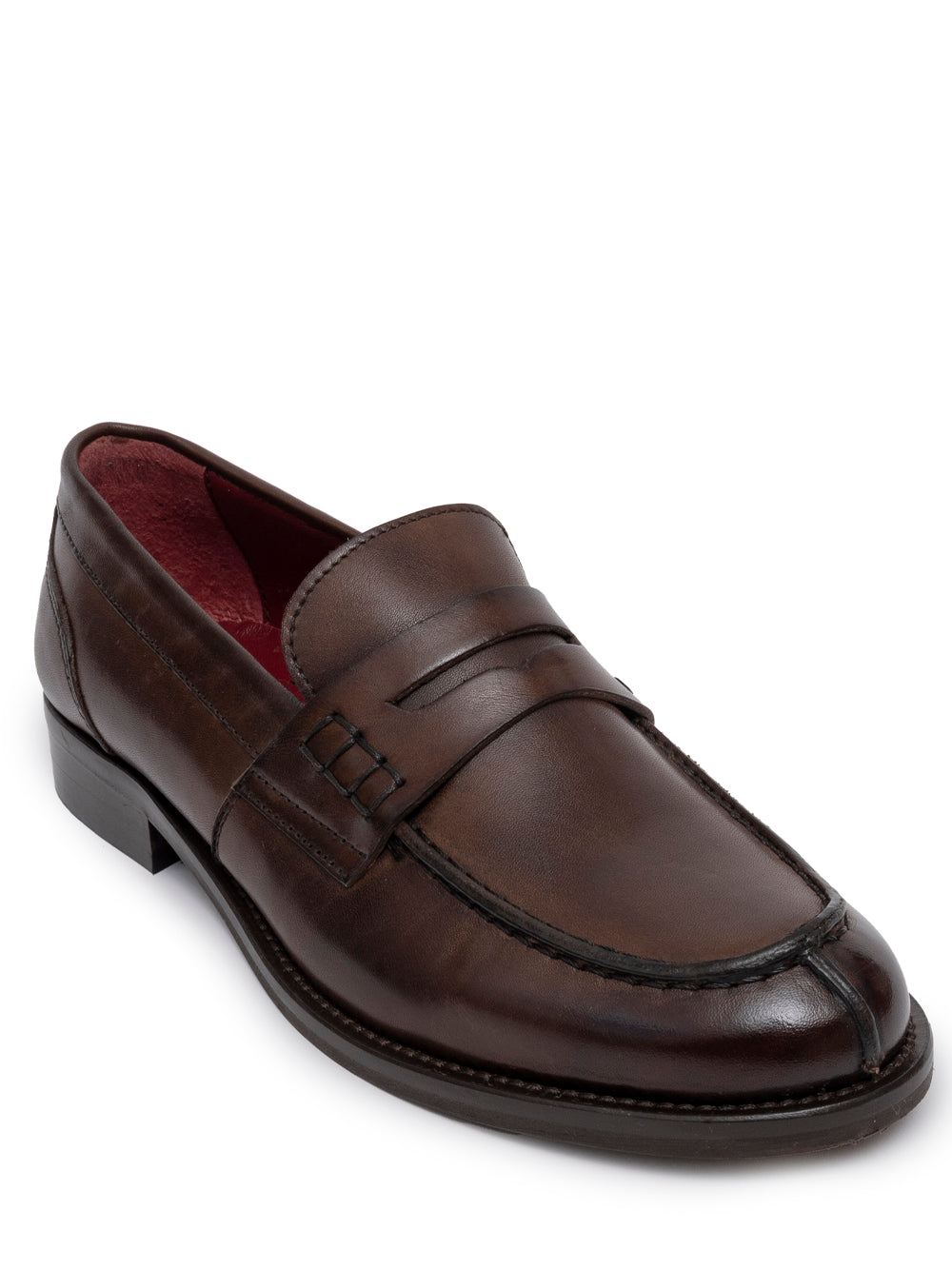 SOMMET penny loafer in Old Brown leather with flexible sole and low heel. Handmade in Italy with vegetable tanning. Classic, timeless style built to last.