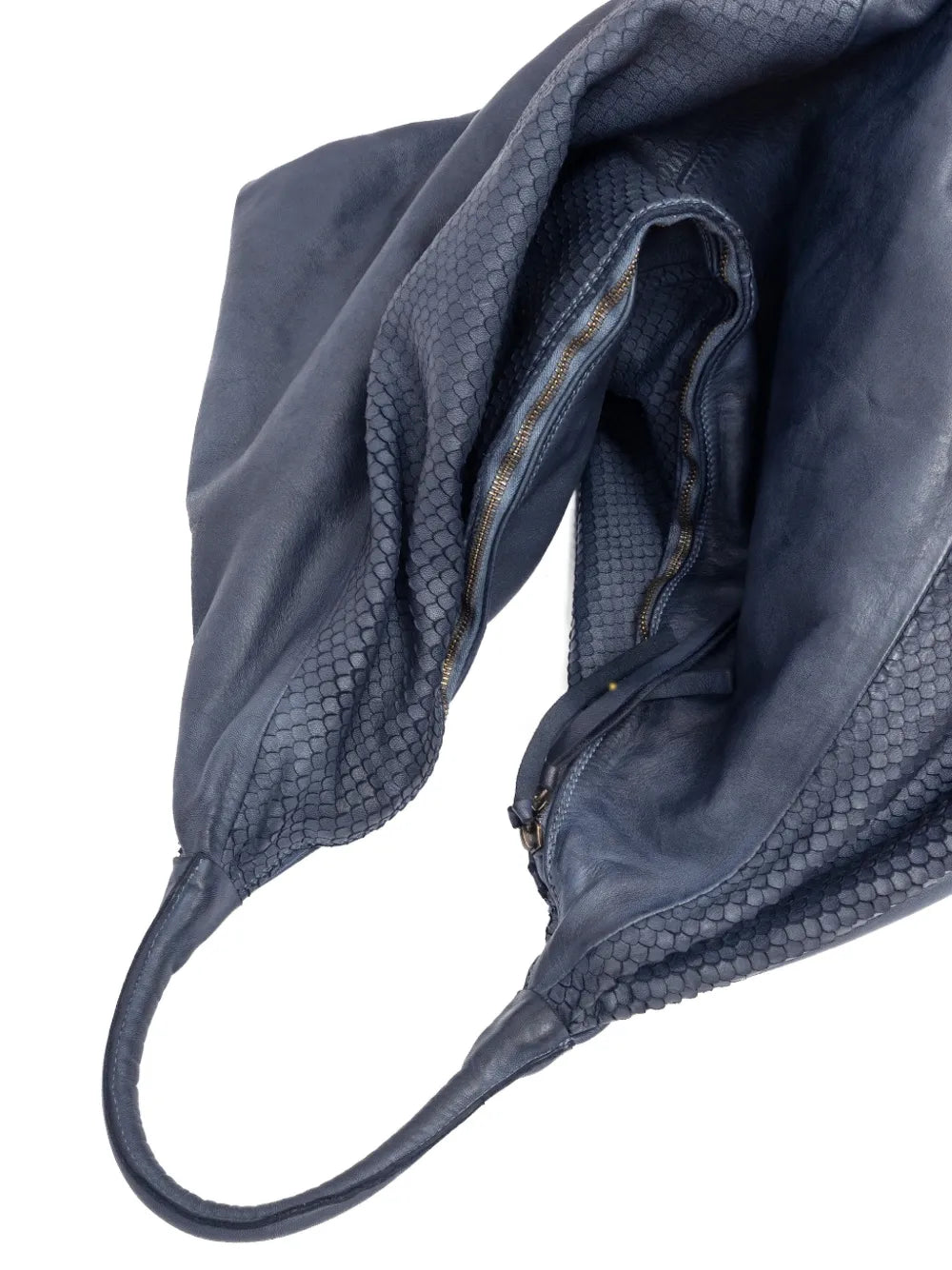 Sommet oversized navy shoulder bag in snakeskin-embossed leather with soft structure and zipper closure, handmade in Italy