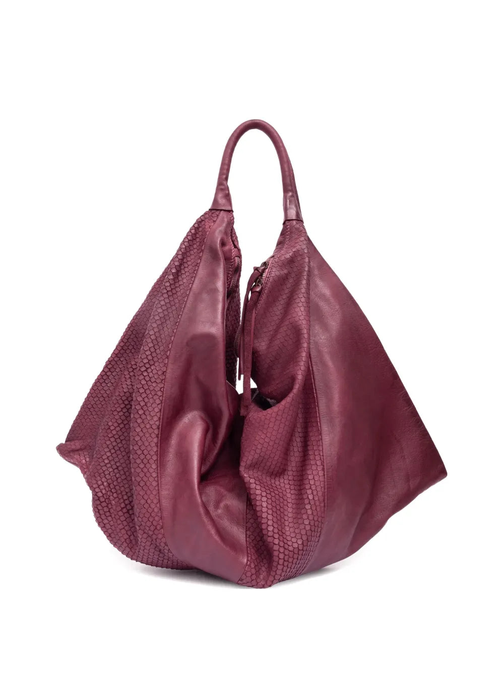 Sommet oversized Prugna burgundy shoulder bag in snakeskin-embossed leather with zipper closure and soft flexible structure, handmade in Italy