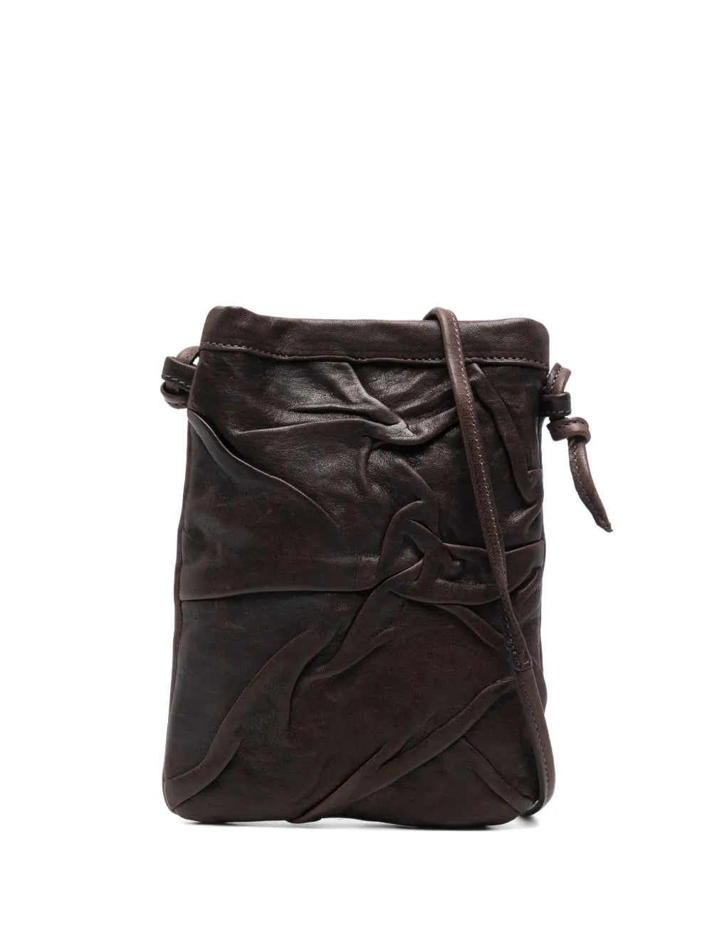 Small handcrafted leather crossbody bag by Sommet in coffee brown, Paloma Plum model with textured folds and adjustable strap, perfect for phone and essentials.