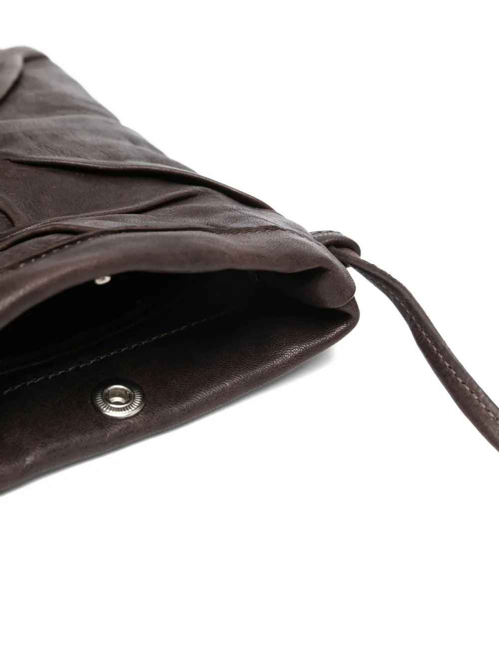 Small handcrafted leather crossbody bag by Sommet in coffee brown, Paloma Plum model with textured folds and adjustable strap, perfect for phone and essentials.