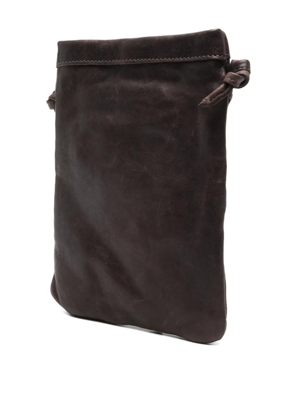 Small handcrafted leather crossbody bag by Sommet in coffee brown, Paloma Plum model with textured folds and adjustable strap, perfect for phone and essentials.