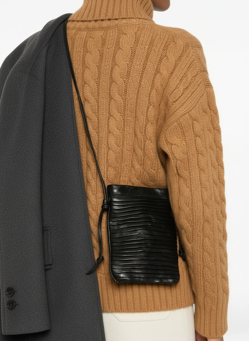 Handcrafted Sommet Paloma Rows black leather crossbody phone bag with clip closure