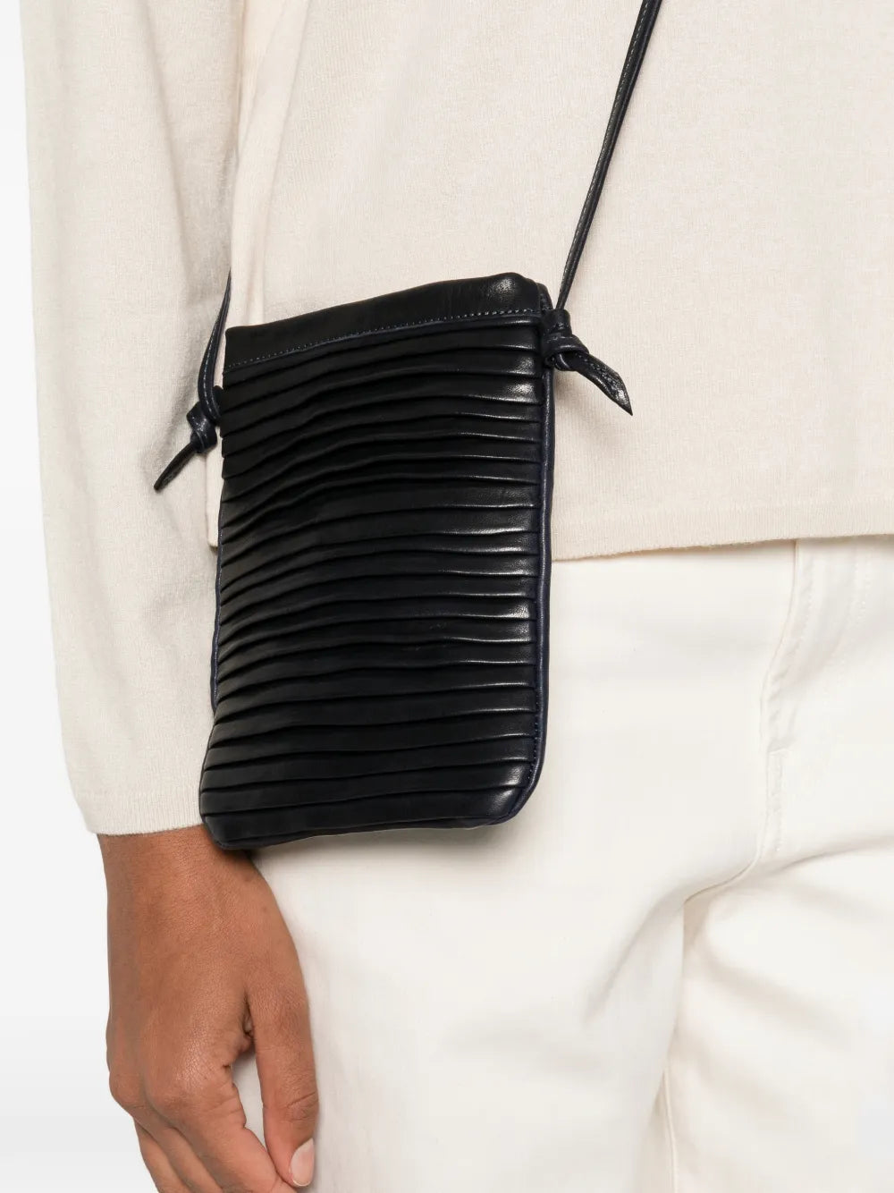 Handmade Sommet Paloma Rows ocean blue leather crossbody phone bag with clip closure