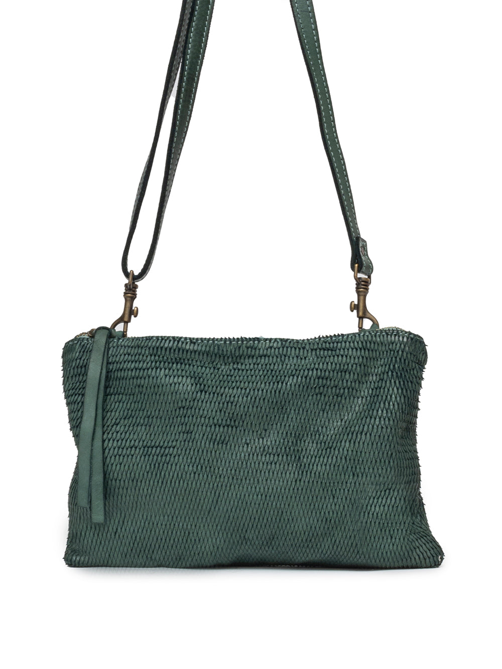 Sommet Petaliño pochette bag in forest green, made from vegetable-tanned calfskin with petal effect, adjustable and removable strap, zipper closure, interior compartments, handcrafted in Italy.