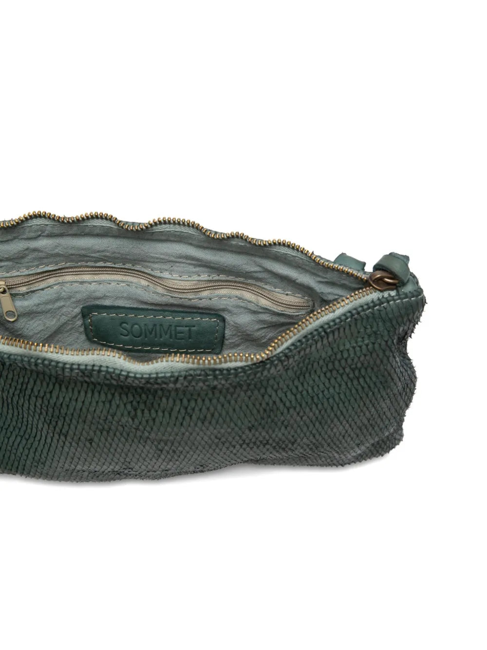 Sommet Petaliño pochette bag in forest green, made from vegetable-tanned calfskin with petal effect, adjustable and removable strap, zipper closure, interior compartments, handcrafted in Italy.
