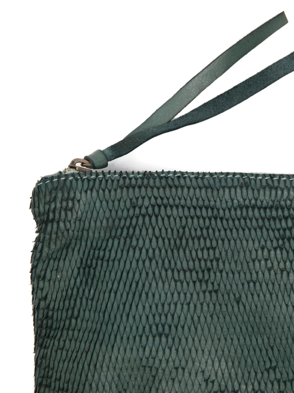Sommet Petaliño pochette bag in forest green, made from vegetable-tanned calfskin with petal effect, adjustable and removable strap, zipper closure, interior compartments, handcrafted in Italy.