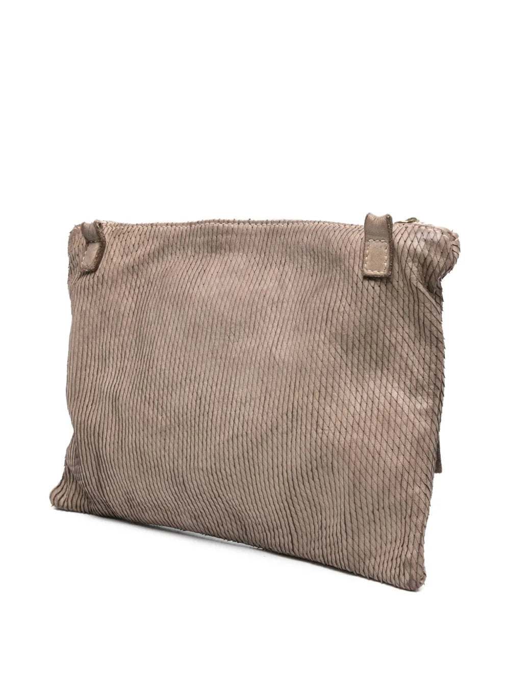 Sommet Petaliño pochette bag in taupe, made from vegetable-tanned calfskin with petal effect, adjustable and removable strap, zipper closure, interior compartments, handcrafted in Italy.