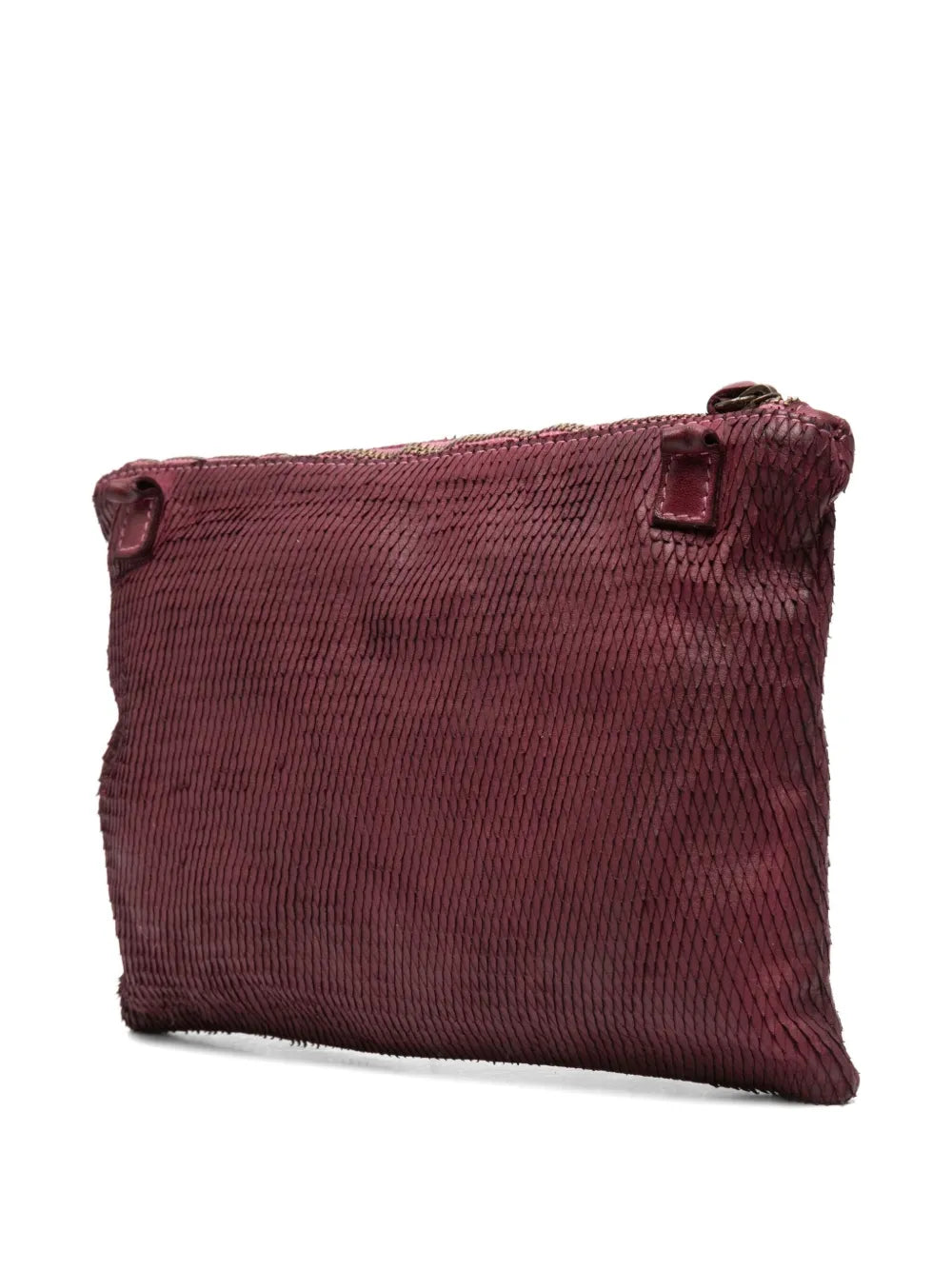 Sommet Petalino pochette bag in burgundy prugna, crafted from vegetable-tanned calfskin with petal effect, adjustable and removable strap, zipper closure, interior compartments, handmade in Italy.