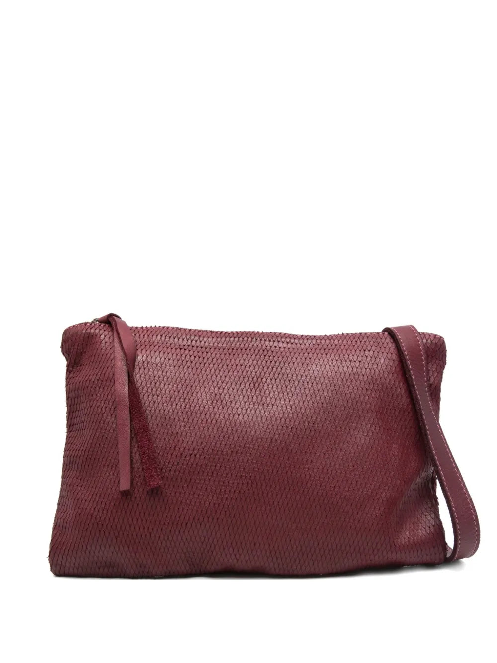 Sommet Petalino pochette bag in burgundy prugna, crafted from vegetable-tanned calfskin with petal effect, adjustable and removable strap, zipper closure, interior compartments, handmade in Italy.