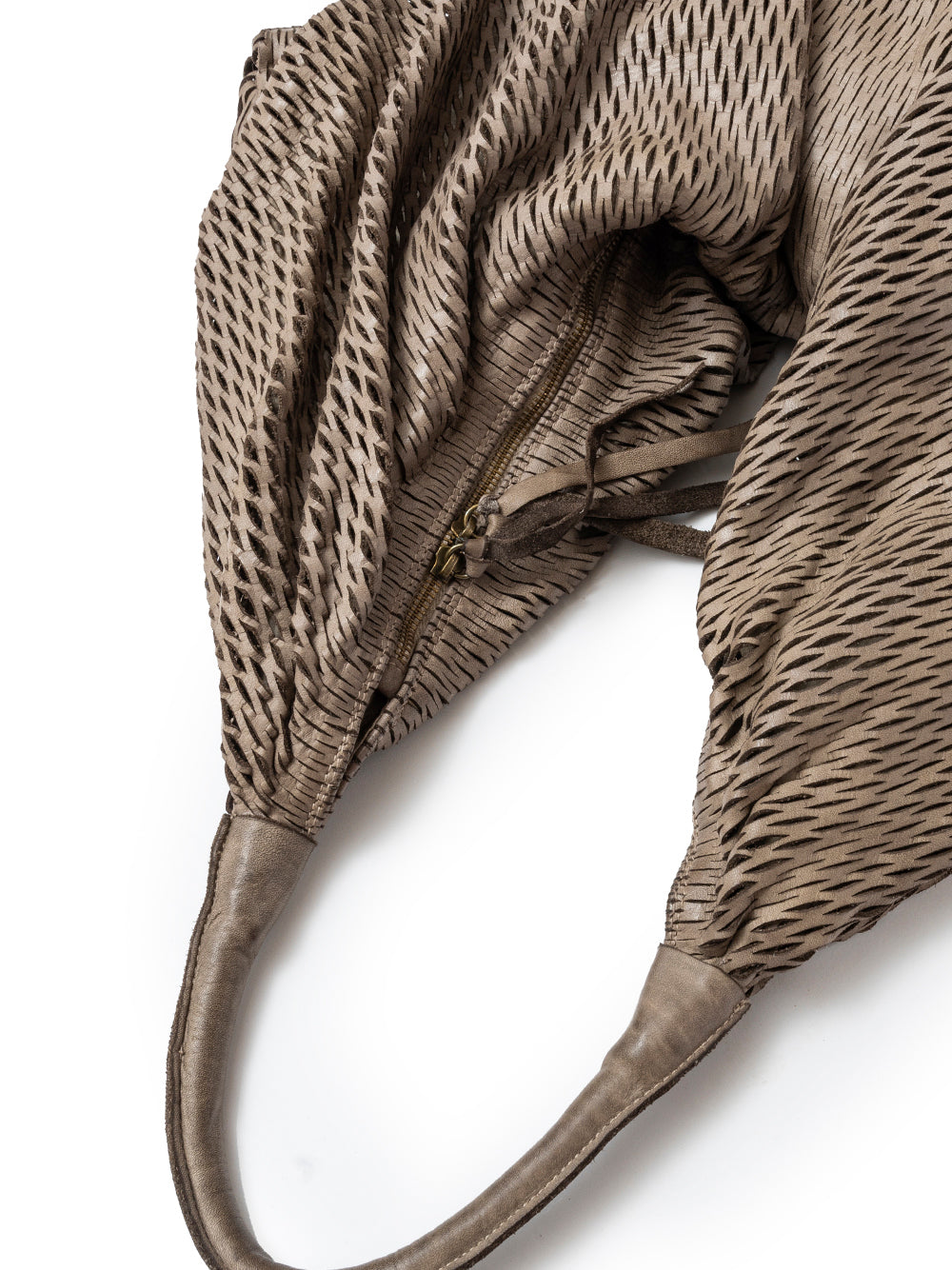 Sommet Rete 391/rete hobo bag in acacia color, made from vegetable-tanned calfskin laser-cut leather, zipper closure, interior pockets and compartments, handcrafted in Italy.