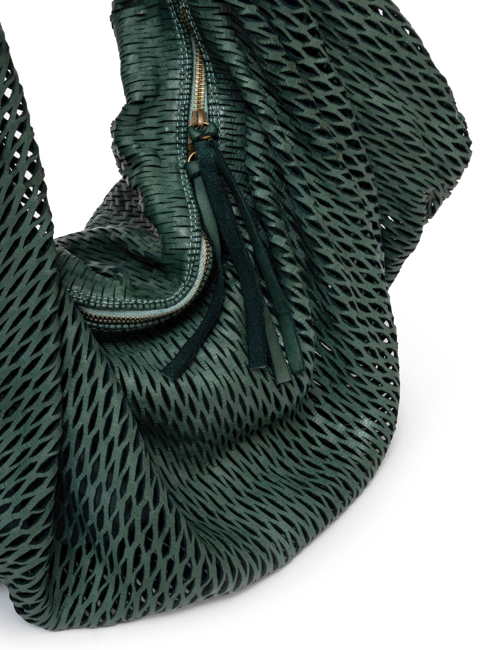 Sommet Rete 391/rete hobo bag in forest green, made from vegetable-tanned calfskin laser-cut leather, zipper closure, interior pockets and compartments, handcrafted in Italy.