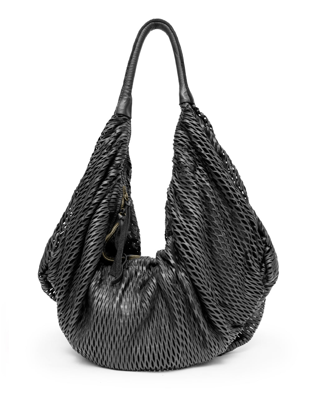 Sommet Rete XL handmade leather bag in black, bucket style, made in Italy