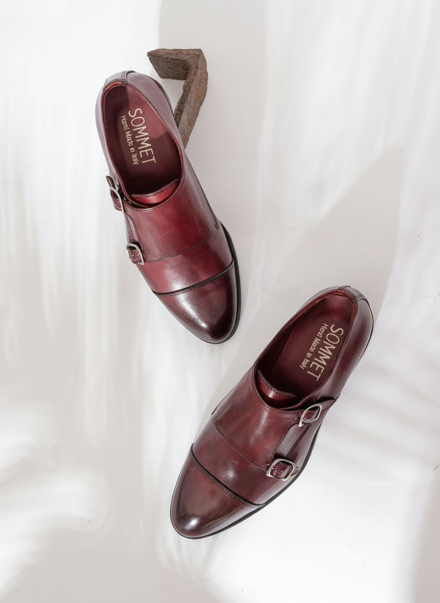 Rosso antico leather double monk strap front view — silver buckles — cap toe — SOMMET handmade in Italy