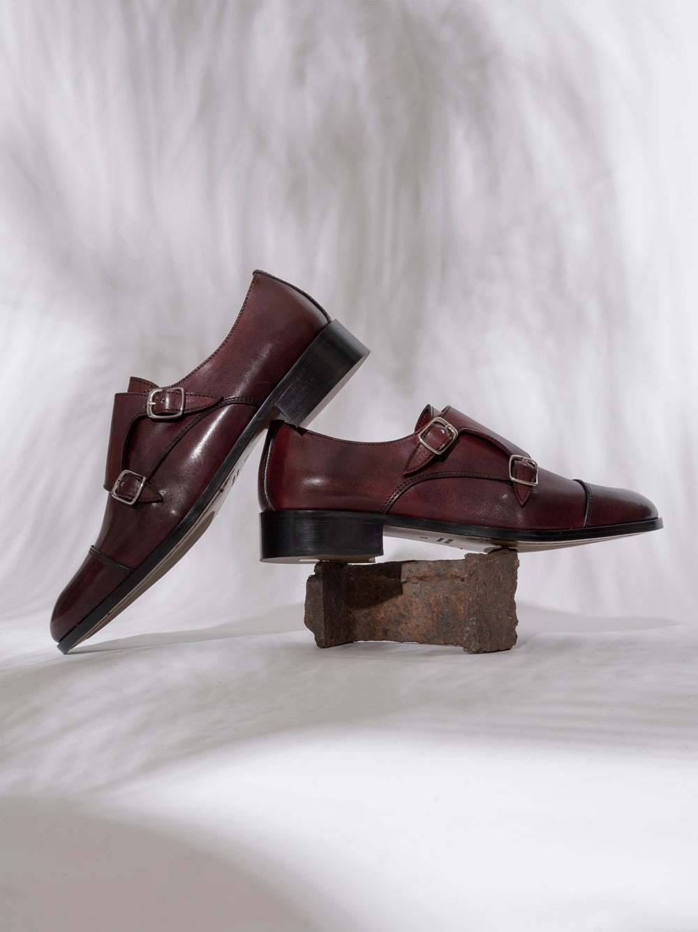 Rosso antico leather double monk strap front view — silver buckles — cap toe — SOMMET handmade in Italy