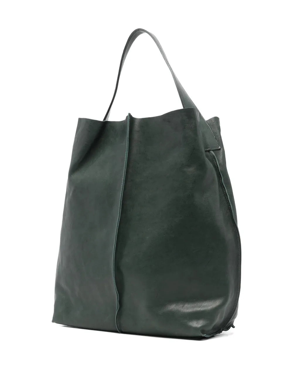 Sommet Sahara bucket bag in deep cadet green vegetable-tanned leather with removable interior pouch and waxed artisanal finish, handmade in Italy.