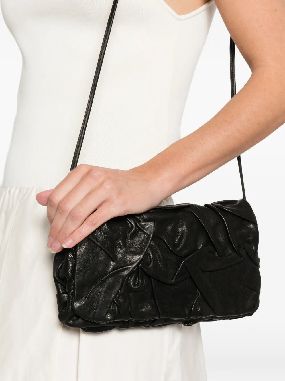 Sommet Soffieta Plum black folded vegetable-tanned leather bag with adjustable strap, handmade in Italy