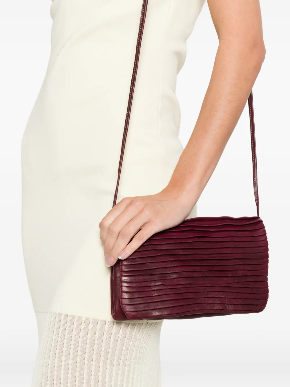 Sommet Soffieta Row bag in Barolo burgundy vegetable-tanned pleated leather with adjustable strap, handmade in Italy