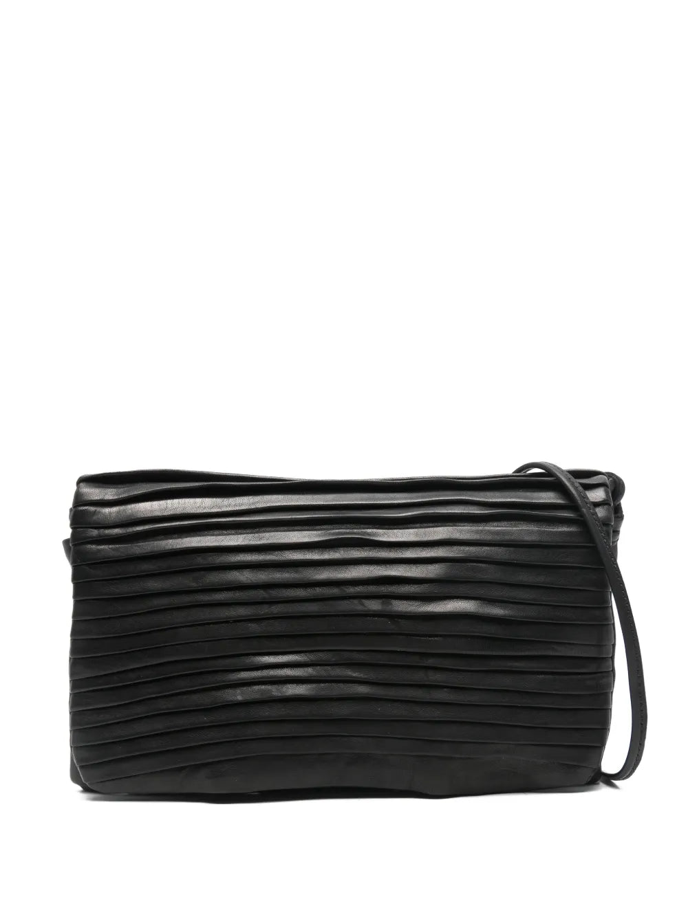 Sommet Soffieta Row black vegetable-tanned pleated leather crossbody bag with adjustable strap, handmade in Italy