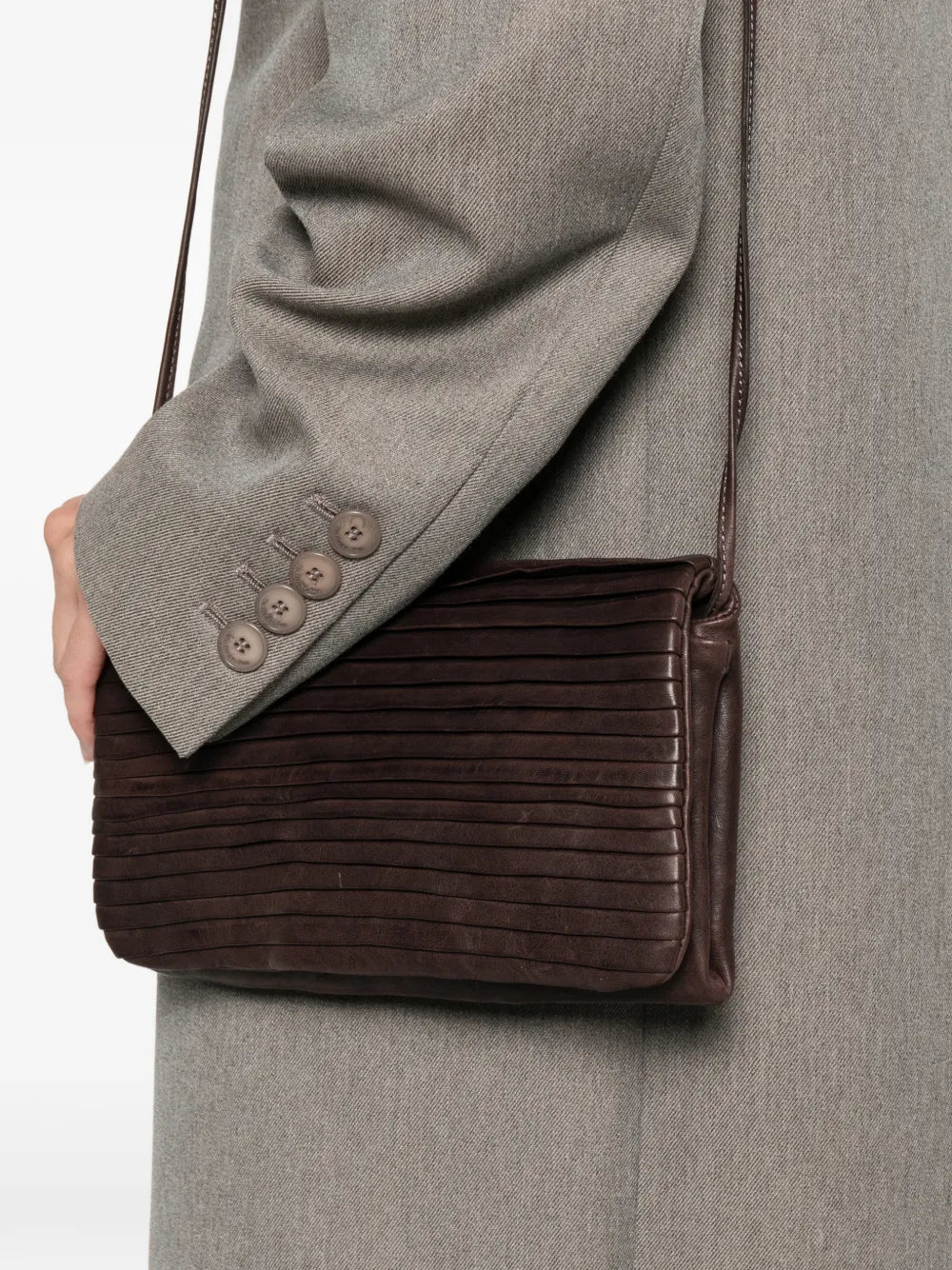 Sommet Soffieta Row coffee pleated vegetable-tanned leather crossbody bag with adjustable strap, handmade in Italy