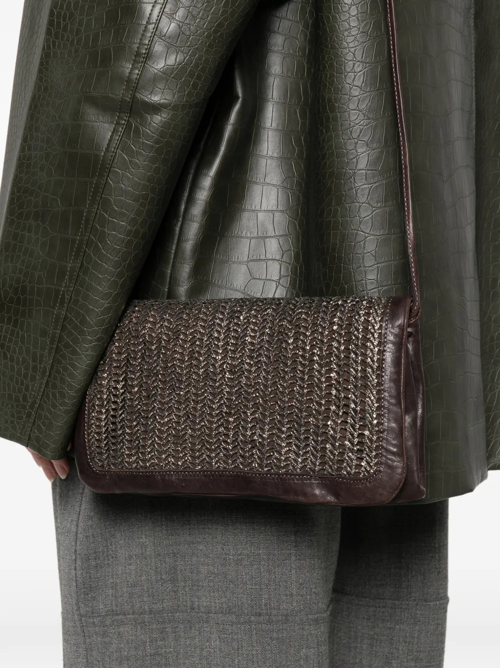 Sommet Soffieta Twitter bag in coffee vegetable-tanned leather with bronze laser-cut leather panel and adjustable strap, handmade in Italy