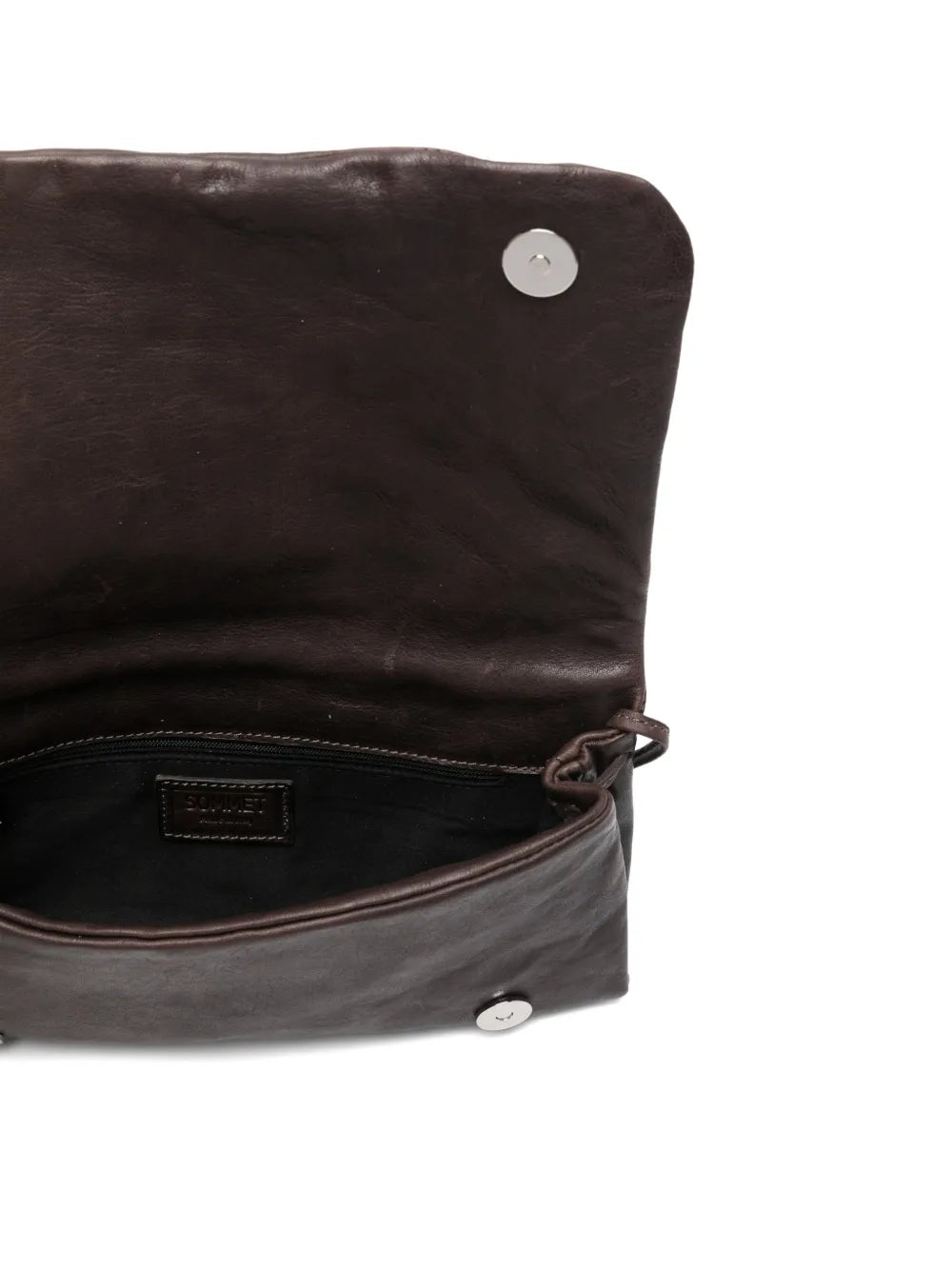 Sommet Soffieta Twitter bag in coffee vegetable-tanned leather with bronze laser-cut leather panel and adjustable strap, handmade in Italy