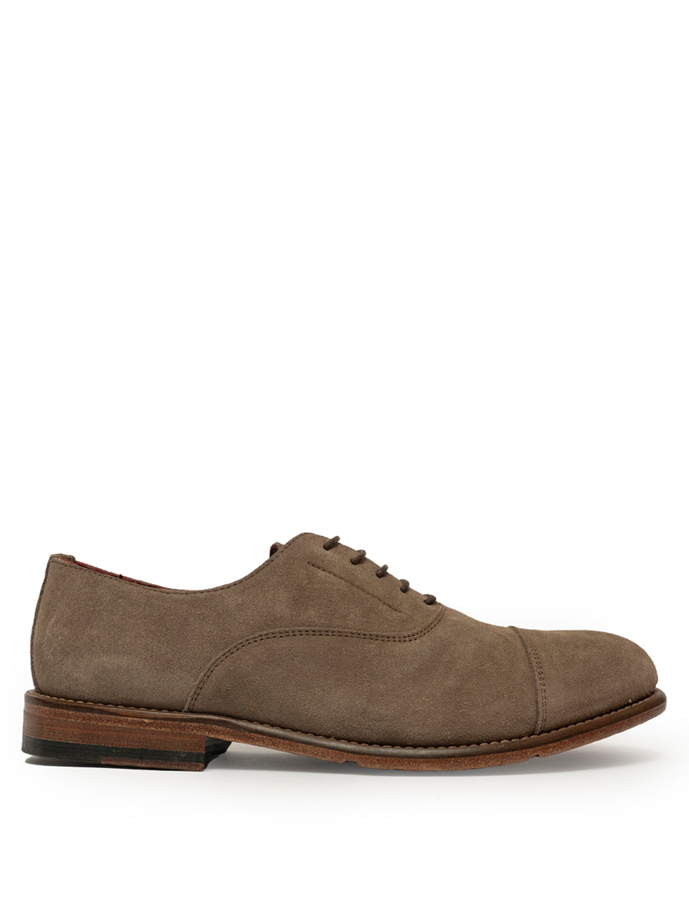 Taupe suede oxford cap toe side view — SOMMET handmade in Italy