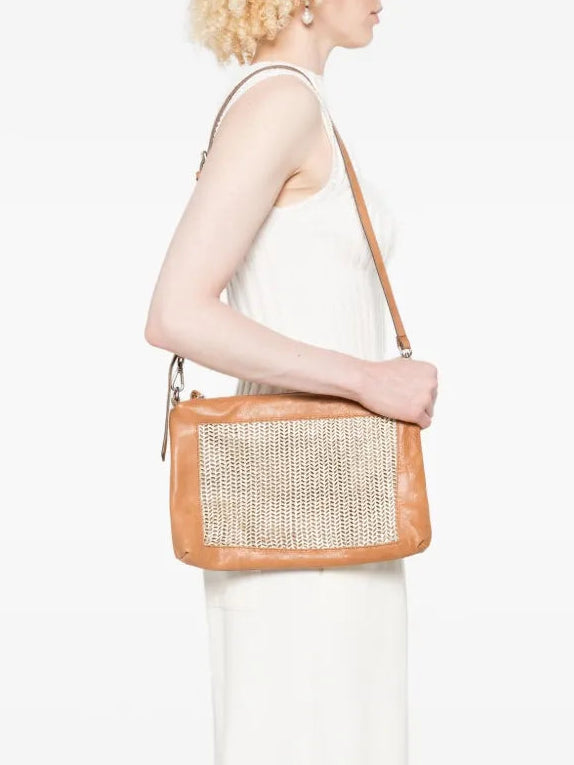 Sommet Alicia crossbody bag in sand leather with gold perforated details, Italian handmade vegetable-tanned leather, tone-on-tone interior and adjustable strap.