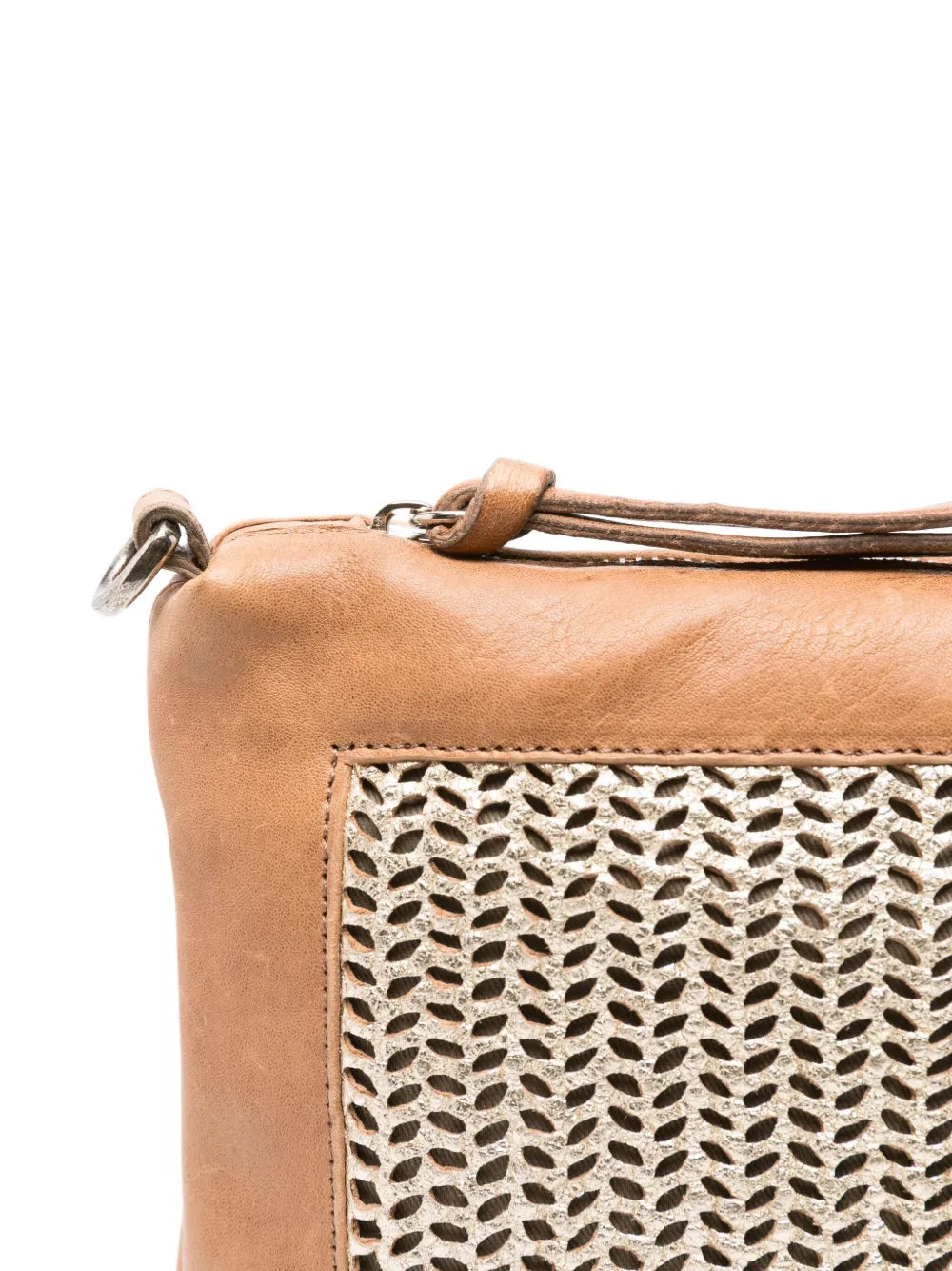Sommet Alicia crossbody bag in sand leather with gold perforated details, Italian handmade vegetable-tanned leather, tone-on-tone interior and adjustable strap.