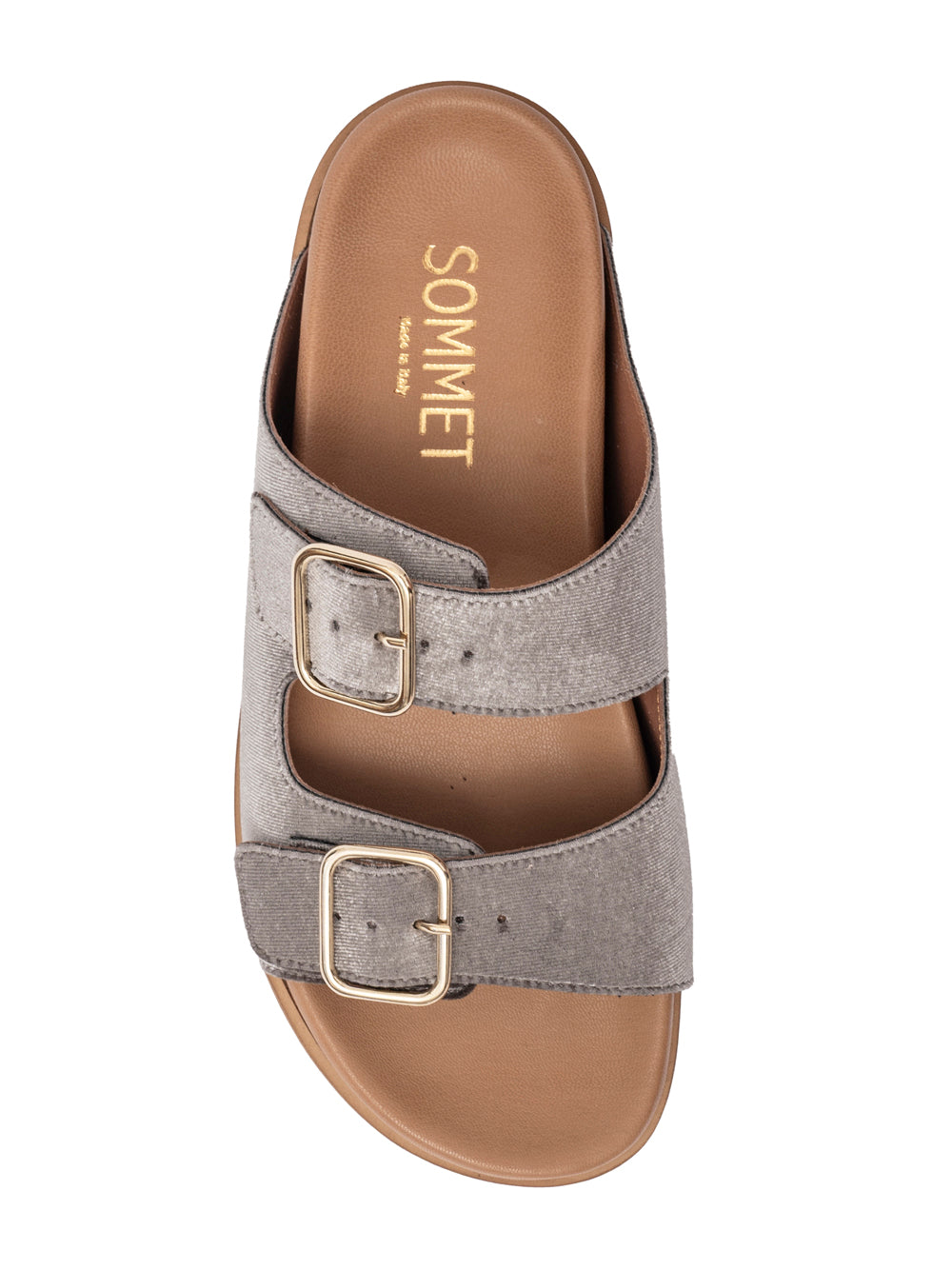 Taupe velvet double buckle flat sandal with gold hardware — handmade in Italy | SOMMET