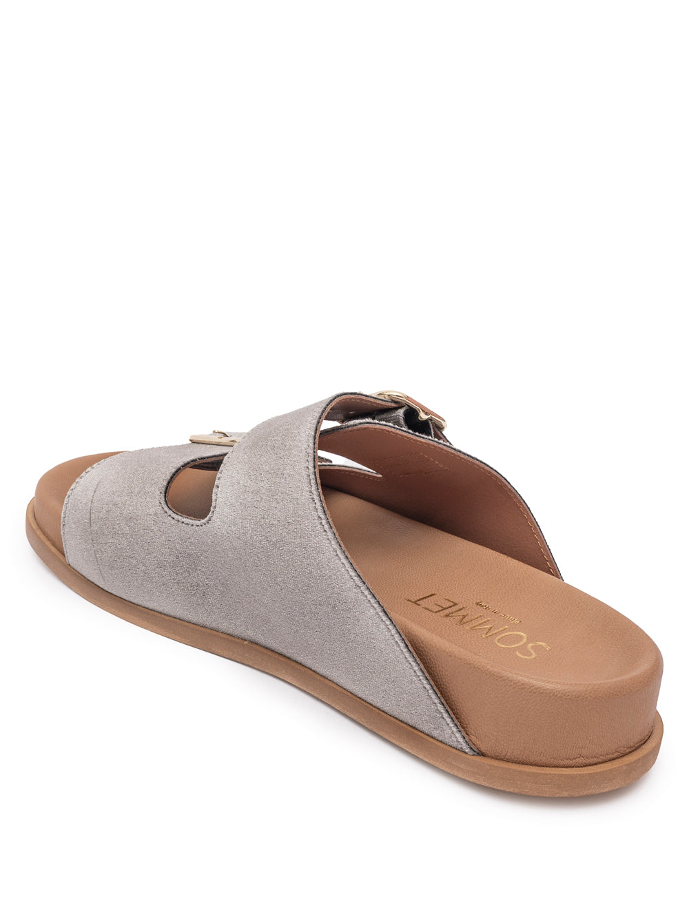 Taupe velvet double buckle flat sandal with gold hardware — handmade in Italy | SOMMET