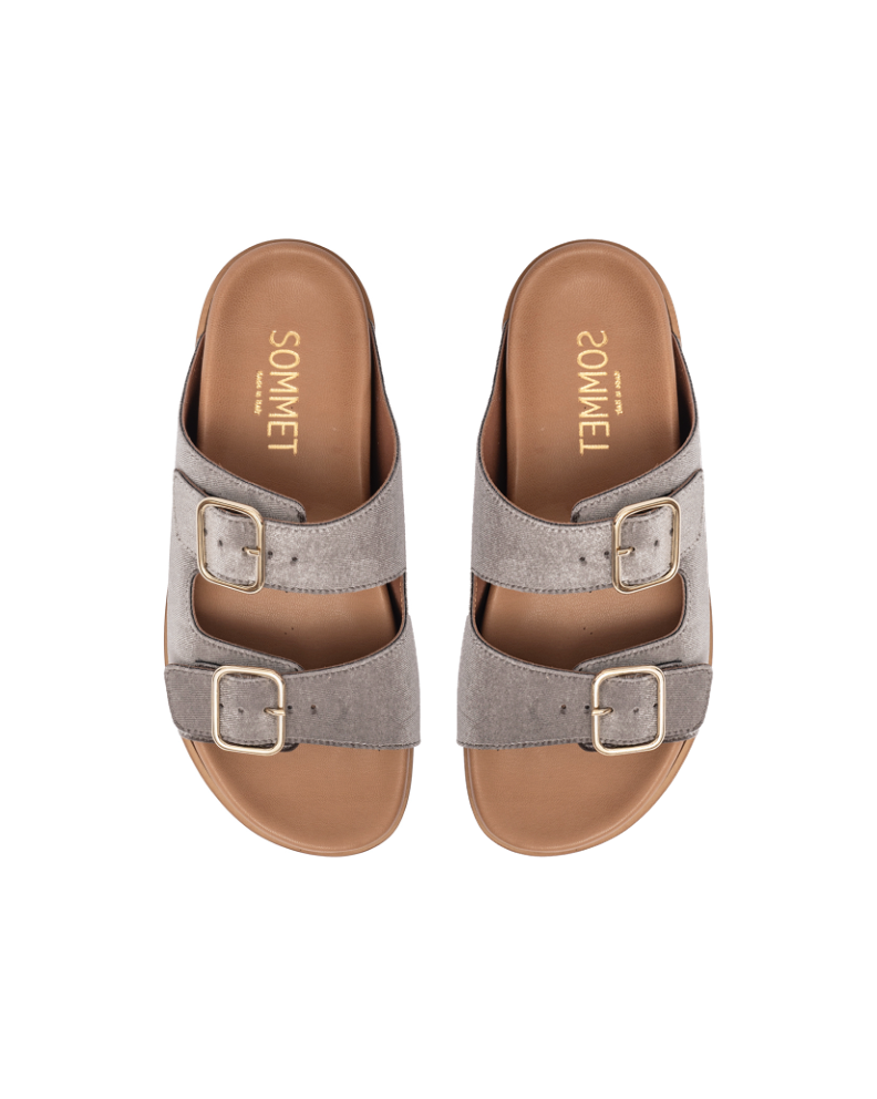 Taupe velvet double buckle flat sandal with gold hardware — handmade in Italy | SOMMET