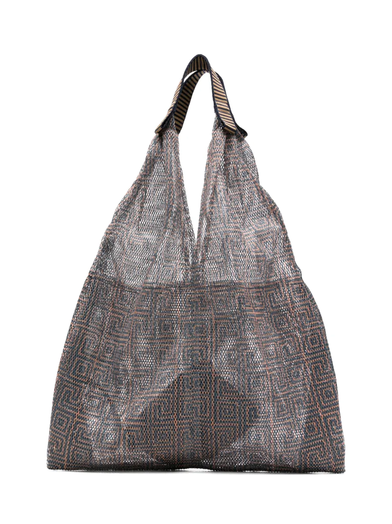 Large Udaipur Rosso dark grey geometric mesh tote bag with striped handles, front view on white background