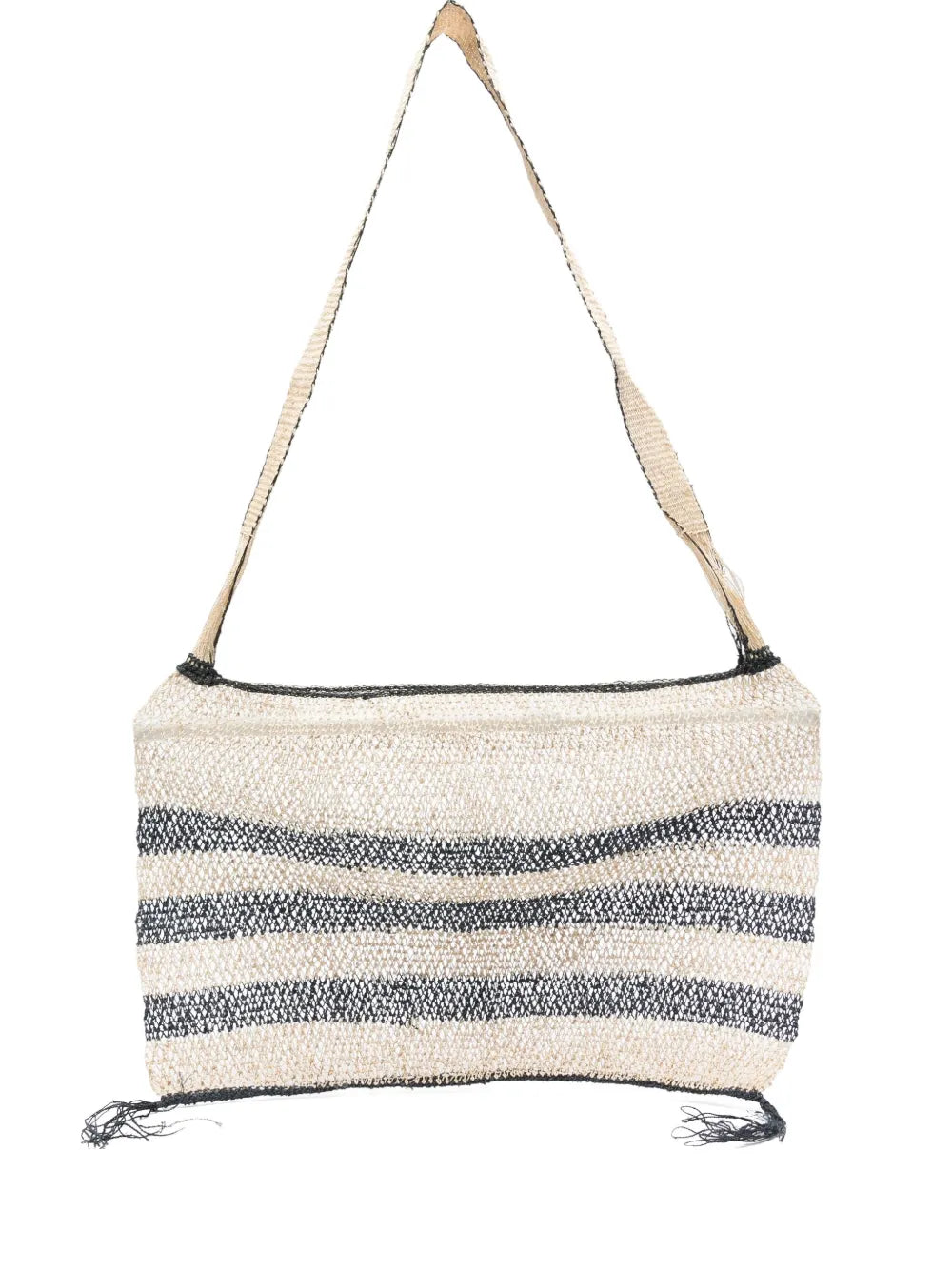 Bolso Kudzu artesanal en color natural con rayas negras y asa larga, hecho a mano en Laos con fibra de vid sostenible.