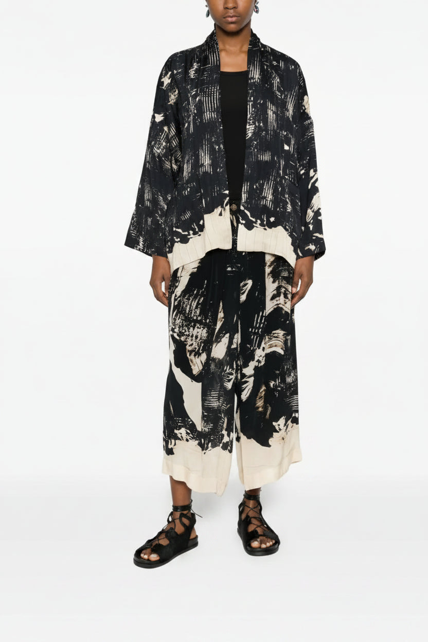Wide leg trousers brushstroke abstract print black and ecru — YAVÏ