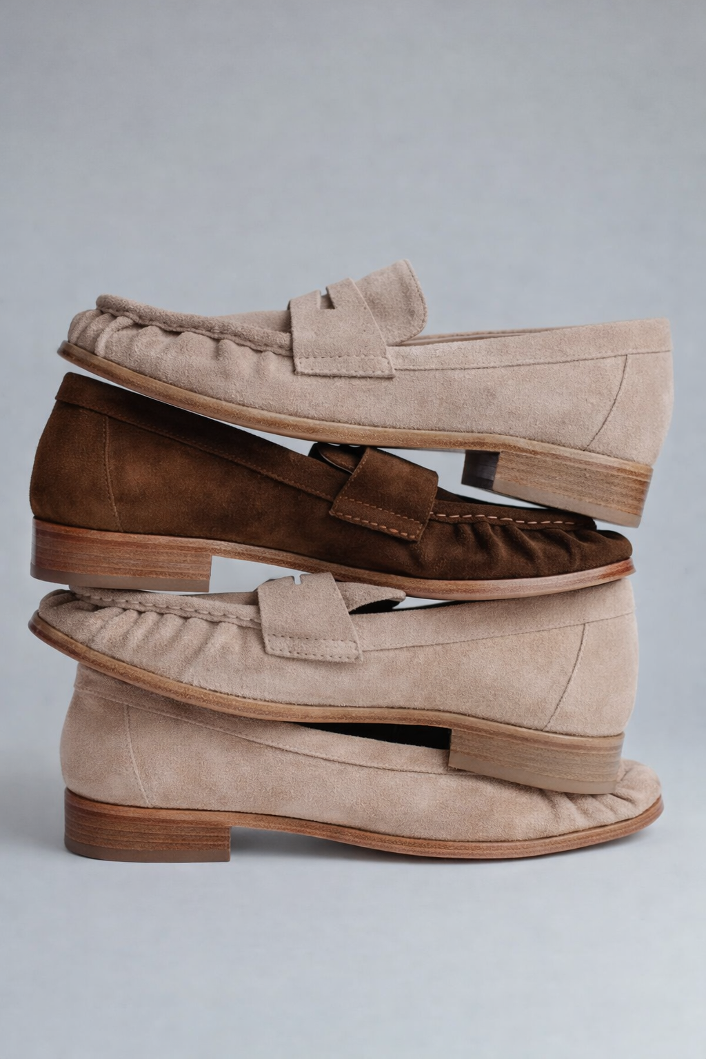 women oatmeal suede penny loafer with classic italian construction and low heel elegant everyday shoe