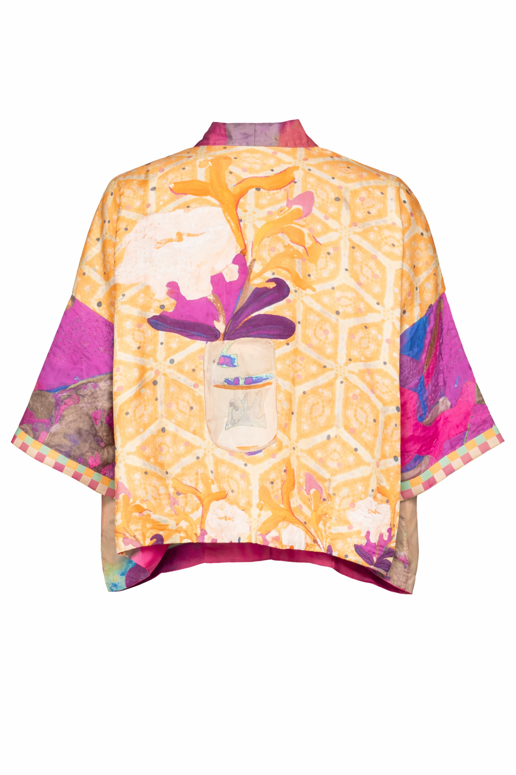 Yavï embroidered silk kimono with artistic multicolor print and fluid silhouette