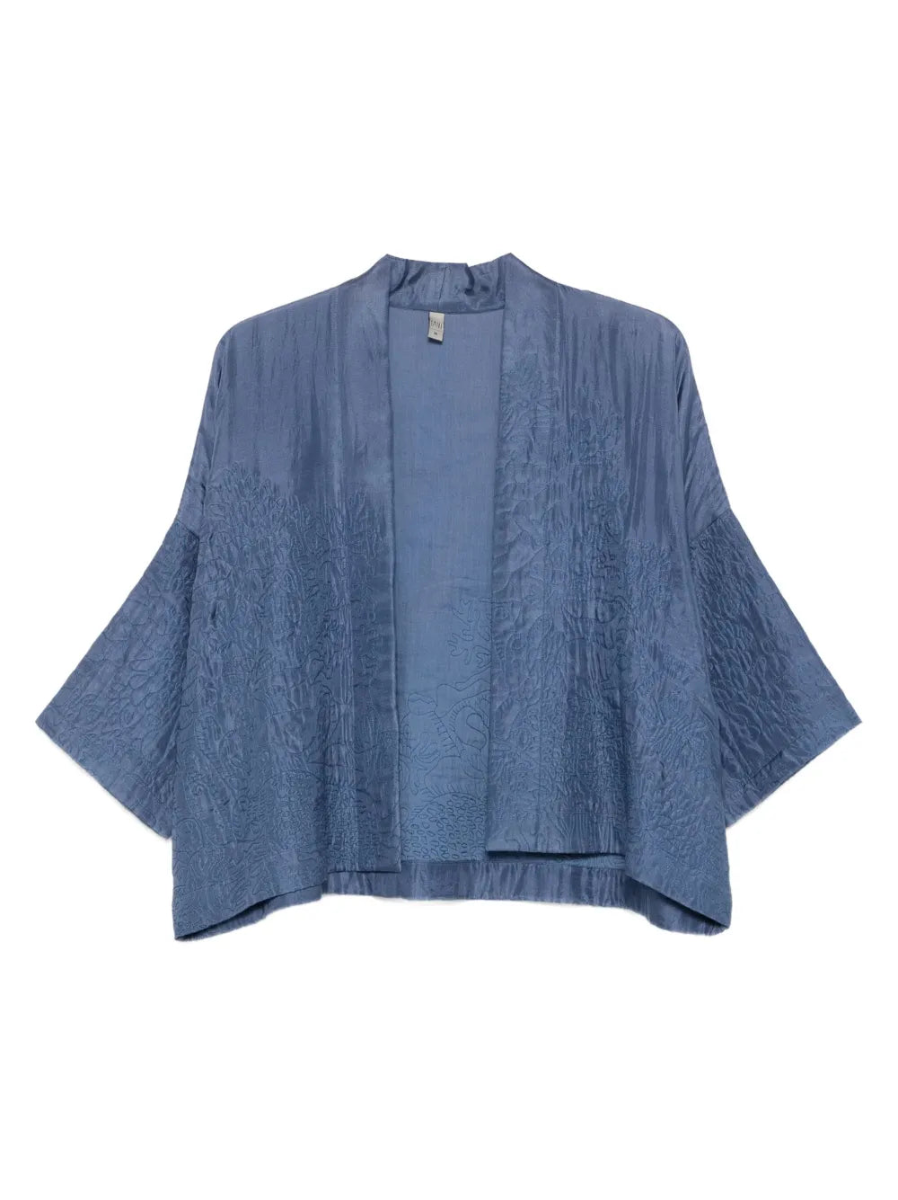 Yavï embroidered silk kimono in steel blue with fluid silhouette