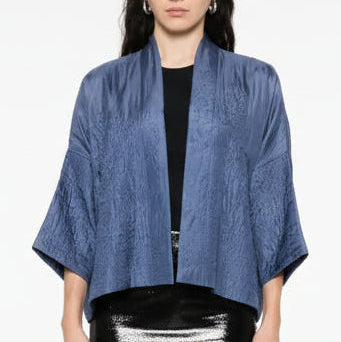 Yavï embroidered silk kimono in steel blue with fluid silhouette