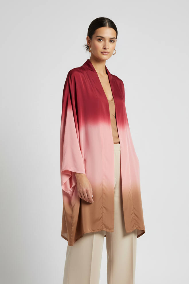 Yavï long kimono in cupro with hand-dyed tie-dye using natural dyes