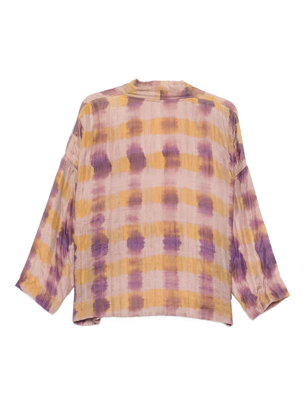Yavï shibori silk kimono in lilac and soft yellow tones with fluid silhouette