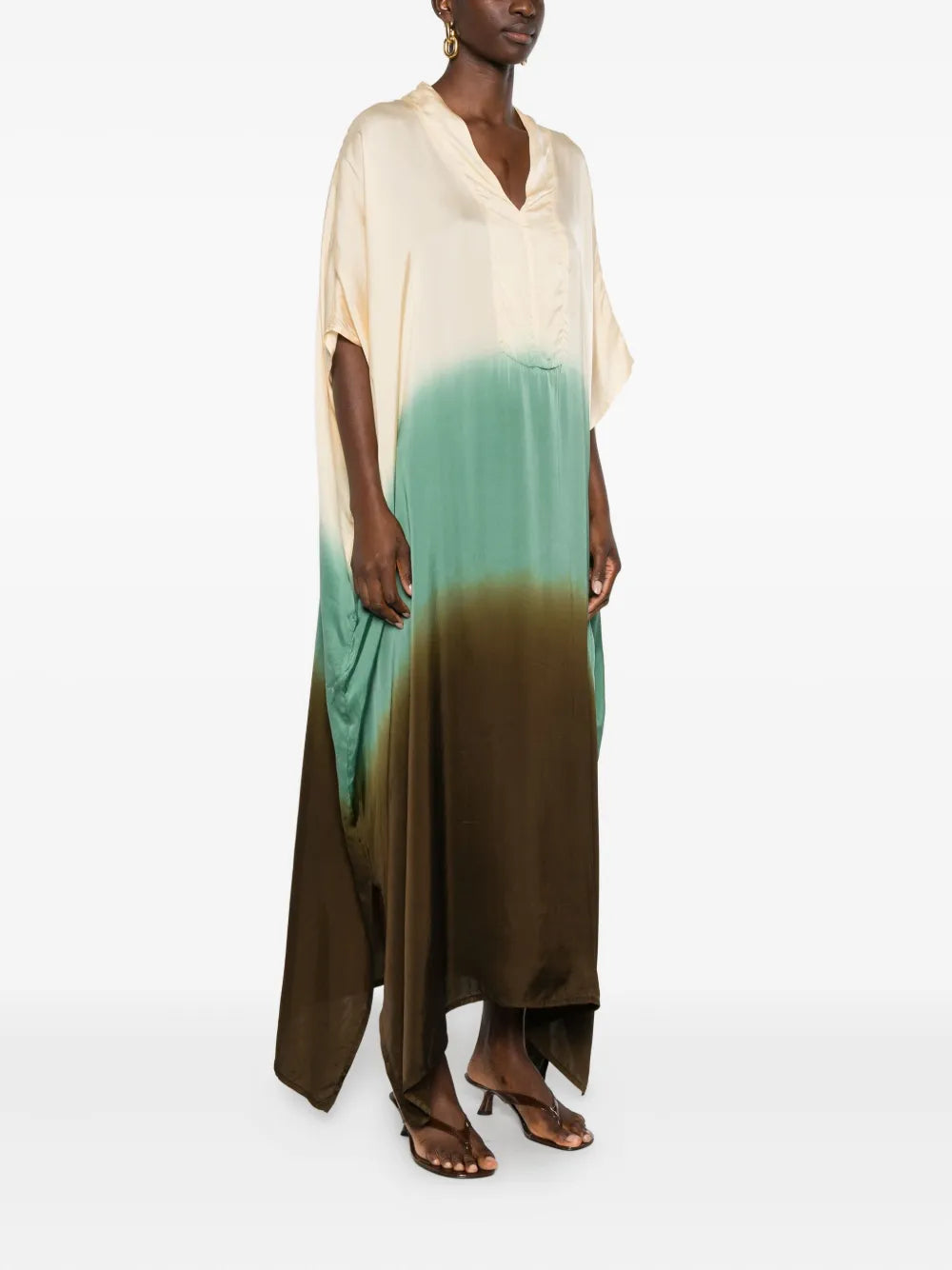 YAVÏ women's tie-dye kaftan dress cream turquoise khaki — oversized batwing 100% cupro artisanal