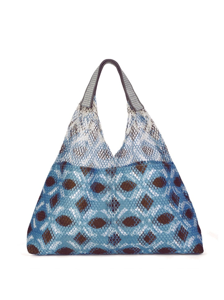Bolso Elziver Épice Paris azul con diseño triangular en forma de X y asas tejidas estampadas