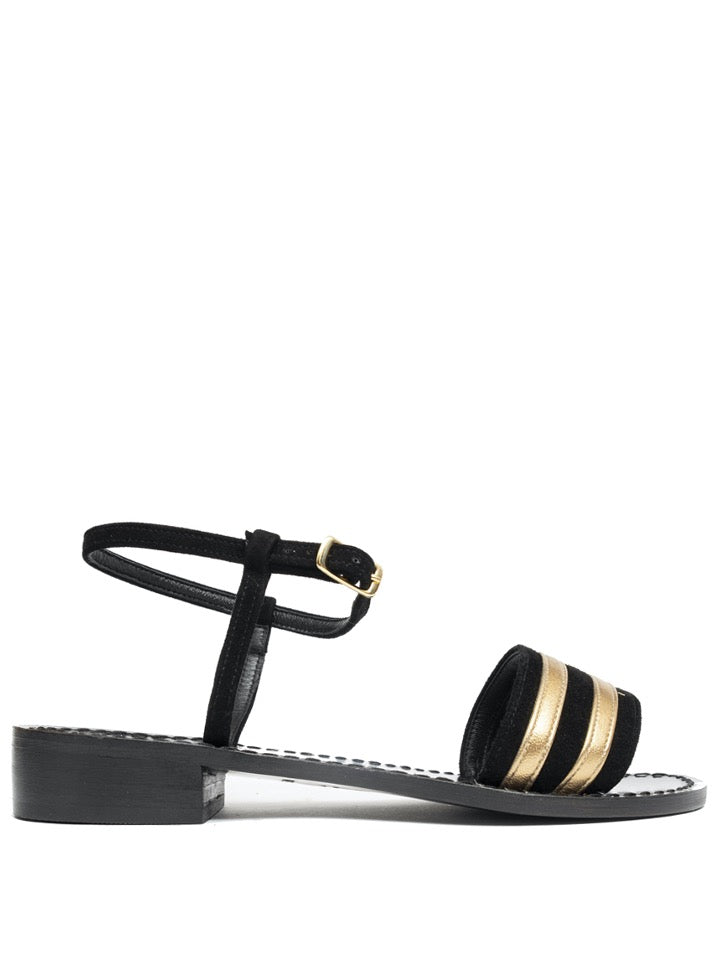 Les Paresseuses sandalia negra con detalle dorados y tira al tobillo. Tacón: 1.5 cm      Composición  Exterior: Piel de Cabra 100%  Suela Interior: Cuero 100%  Suela: Cuero 100%