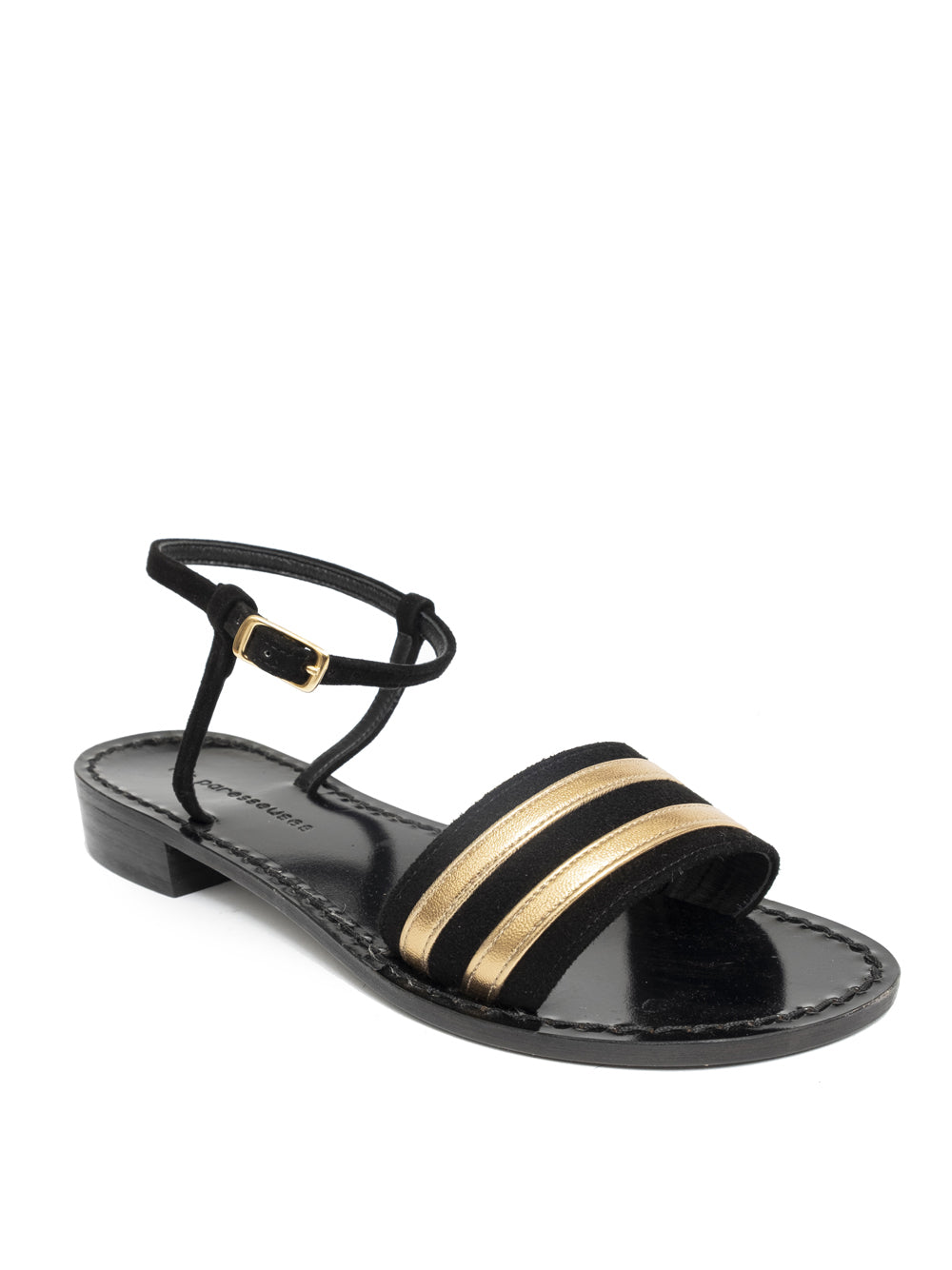 Les Paresseuses sandalia negra con detalle dorados y tira al tobillo. Tacón: 1.5 cm      Composición  Exterior: Piel de Cabra 100%  Suela Interior: Cuero 100%  Suela: Cuero 100%