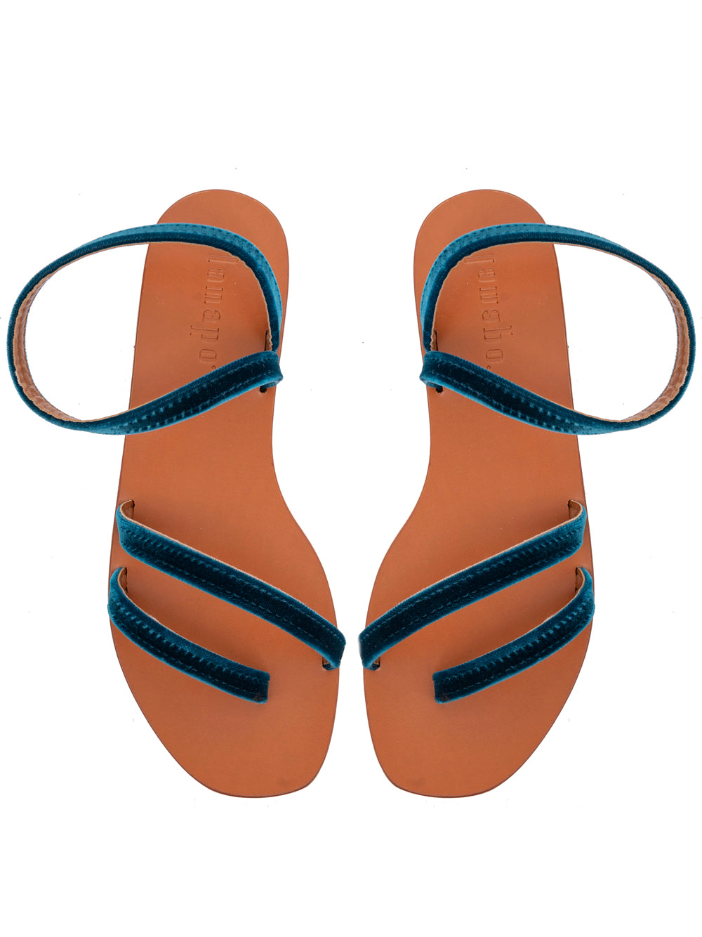 Sandalias Lanapo en terciopelo azul ottanio con pulsera al tobillo y suela de cuero, diseño artesanal italiano.
